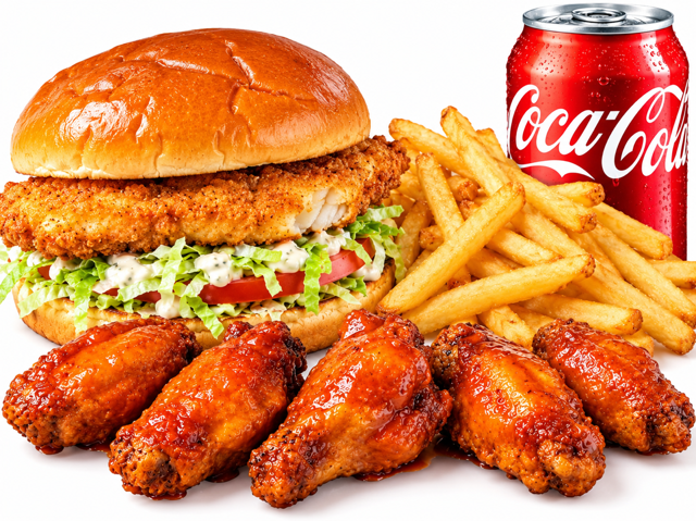 Fish Burger + 5pcs Wings Combo.
